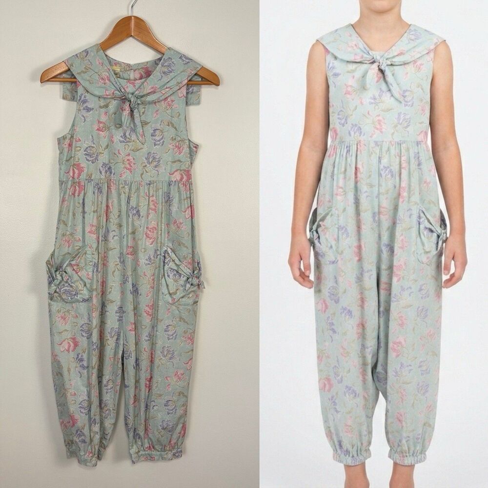 Vintage Laura Ashley Mother & Child Floral Jumpsuit Girls 11-12 57" Cotton Rare